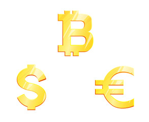 World currency gold symbol set. Main currencies dollar, euro, bitcoin. Finance investment concept. Exchange Money banking illustration. Business income earnings. Financial sign stock vector.
