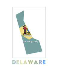 Delaware Logo. Map of Delaware with us state name and flag. Vibrant vector illustration.