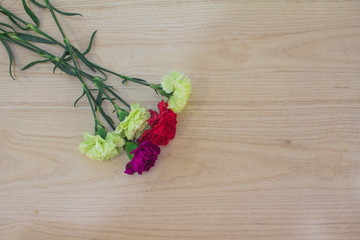 Color carnation flower bouquet on beige background.