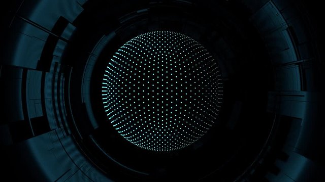 3d render of abstract dark sphere with rotating blue neon dots patterns and dark architectural structure background. 4k seamless loop animation.