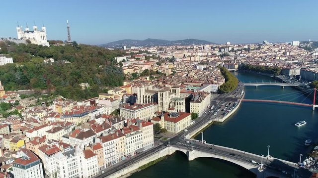 Lyon, Aerial view of Lyon, the old town over the Saone river