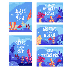 Set of Ocean quotes with sea elements. Lettering poster or greeting card. Travel typography design. Vector illustration