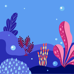 Fototapeta na wymiar Abstract sea underwater background with copy space for text. Merine ocean life. Vector illustration of undersea life