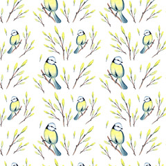 watercolor seamless pattern with spring flowers and titmouse