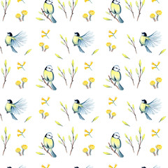 Fototapeta na wymiar watercolor seamless pattern with spring flowers and titmouse