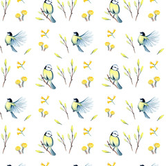 watercolor seamless pattern with spring flowers and titmouse