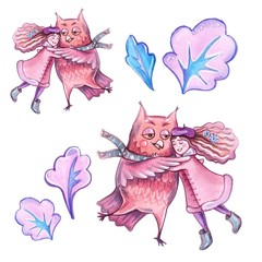 winter watercolor illustration with a purple owl and a girl