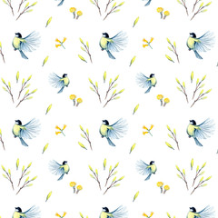 watercolor seamless pattern with spring flowers and titmouse