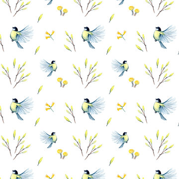 watercolor seamless pattern with spring flowers and titmouse