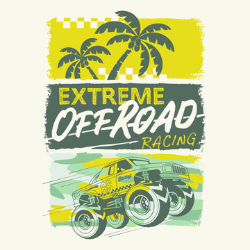 vintage summer poster with palms , racing sport typography
