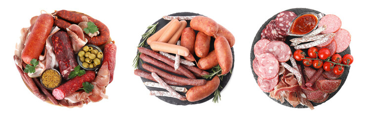 Set with different tasty sausages on white background, top view. Banner design