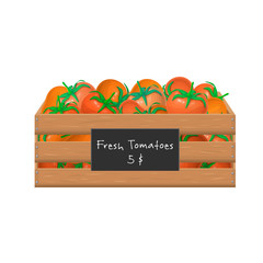 Fresh ripe tomatoes in a wooden box isolated on white. Vector icon, realistic illustration of garden crate full of red tomatoes. eco farm product. healthy eating concept. market or grocery. harvesting