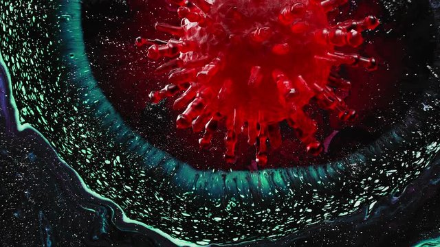 COVID-19 pandemic. Hantavirus syndrome. Red microbe floating on glitter fluid abstract background.