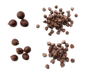 Set of delicious chocolate chips on white background, top view