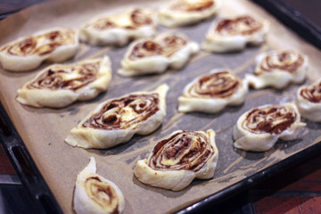 sweet rolls with cinnamon on the tray - backery or cooking at home. A detail of raw cinnamon buns - very shallow depth of field.