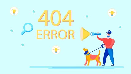 Informative Poster Inscription 404 Error Flat. E-mail Marketing in Arsenal Internet Marketers. Guard with Dog Shines Lantern on Inscription. Hacking Page due to Newsletter. Vector Illustration.