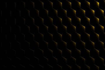 Honeycombs. Background abstract minimalistic texture with many rows of volumetric black figures of hexagons lying in yellow light. Animation. Mobile wall made of briquettes. Gold stars, waves