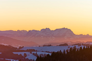 Obraz premium Landscape and sky at sunset in winter. Saentis mountain, Alpstein, Switzerland