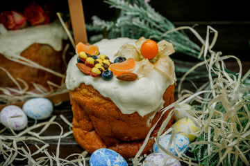 delicious Easter cake decorated with fresh fruits