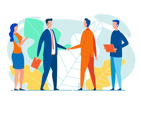 Businessmen, Leaders of Two Corporate Teams, Shaking Hands, Satisfied With Effective Cooperation, Closing Their Meeting, When Bargain is Settled, and Everyone Can Take a Respite, Having Got Their Wish