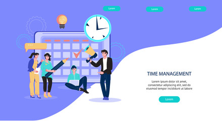 Time management and business planning banner template. Landing page for services organizing working process, increasing work efficiency and company development optimization. Flat vector illustration.