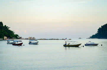 Fototapeta premium group of speed boat for island hoping activities moored on the Nipah Bay pangkor Island, Malaysia