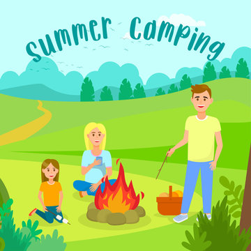 Summer Camping with Family Vector Illustration. Vacation, Holidays. Parents, Children Cartoon Characters. Picnic in Forest, Park Flat Drawing. Outdoor Activity, People on Nature. Marshmallow on Stick