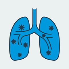 Vector icon of a human lungs infected by a virus. It represents a concept of medical protection, coronavirus danger, health safety and virus quarantine