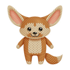 Illustration of a funny knitted fennec fox toy. On white background