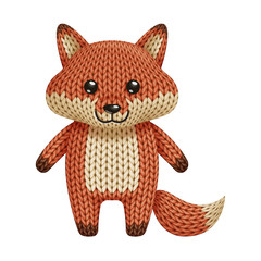 Illustration of a funny knitted red fox toy. On white background