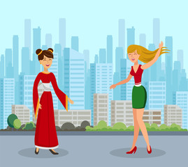 International Women Friendship Flat Illustration. Caucasian and Asian Women Cartoon Characters. Chinese Girl in Robe Talking to Lady in Casual Clothes. Exchange Program Banner Template