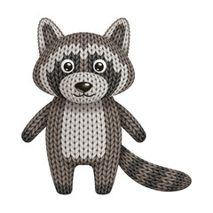 Illustration of a funny knitted raccoon toy. On white background