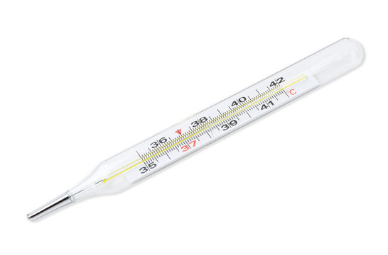 Mercury thermometer on a white background.Medical mercury thermometer, isolated on white background with clipping path. Temperature 39