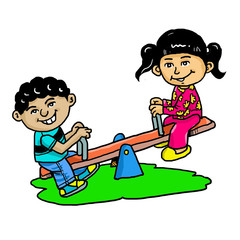 Two children playing see saw cartoon
