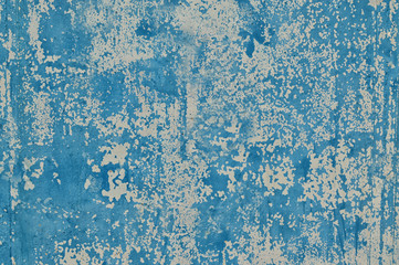Old veathered painted light blue plastered peeled interior wall background. Abstract Background. Cracked Flaked Shabby Wall With Rundown Stucco Layer Texture.