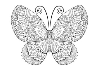 Vector black and white image of a butterfly on white background. Hand drawn butterfly zentangle style for t-shirt design or tattoo.