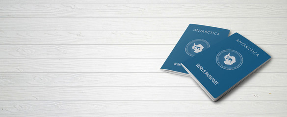 Antarctica Passports on Wood Lines Bakcground Banner with Copy Space - 3D Illustration