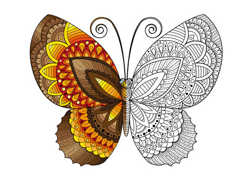 Vector black and white image of a butterfly on white background. Hand drawn butterfly zentangle style for t-shirt design or tattoo.
