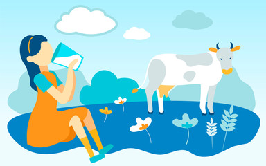 Girl Drinks Fresh Milk from Glass. Cow Grazes in Meadow. Vector Illustration. Little Girl in Yellow Dress on Farm. Natural Product. Sit in Meadow on Background White Cow and Wildflowers.