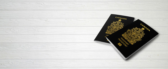 Canadian Passports on Wood Lines Bakcground Banner with Copy Space - 3D Illustration