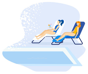 Informational Flyer Tanning by Pool Cartoon Flat. Girls are Lying on Sun Loungers by Pool. Girl in Swimsuit Sunbathes and Drinks Cocktail. hot Beach Season at Resort. Vector Illustration.