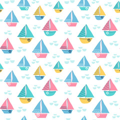Seamless vector pattern with sailboats in pastel colors.