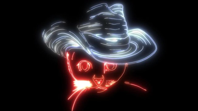 digital animation of a cat with hat that lighting up on neon style