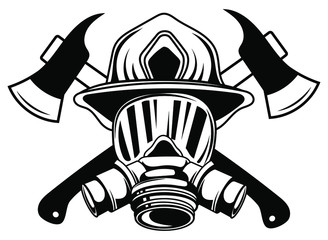 Fireman in a gas mask in a helmet. Profession for saving people from fire and difficult situations. Black and white silhouette of a man. Vector illustration for a fire brigade.Logotype.