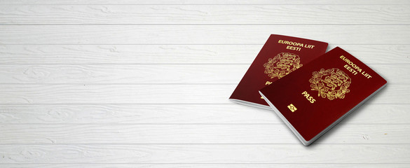 Estonian Passports on Wood Lines Bakcground Banner with Copy Space - 3D Illustration