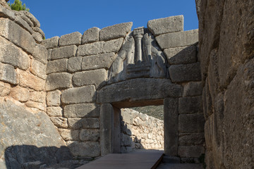 The Lion Gate of Mycenae - an archaeological site near Mykines in Argolis, Peloponnese, Greece. In...