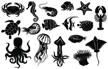 Set of silhouettes of marine inhabitants. Collection of various inhabitants of the underwater world. Vector illustration of sea animals for children. Tattoo.