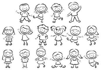 Set of doodle figure children. Collection happy cartoon Illustration  kids. Vector Illustration  stick figures boys and girls. Hand Drawn.