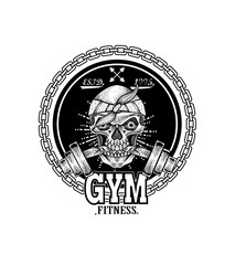 GYM skull vintage logo with barbel on white background-vector