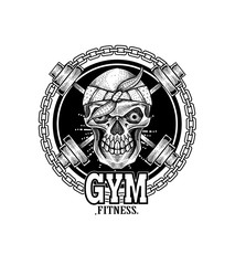 GYM skull vintage logo with barbel on white background-vector